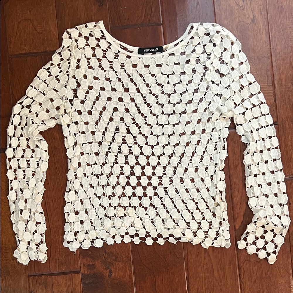 Wells Grace Cream Open Crochet Long Sleeve Top